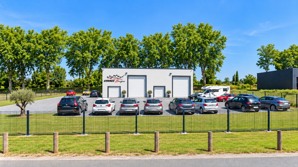 Façade, showroom et parc de véhicules d'occasion GARAGE BRUYERE à Fréjeville